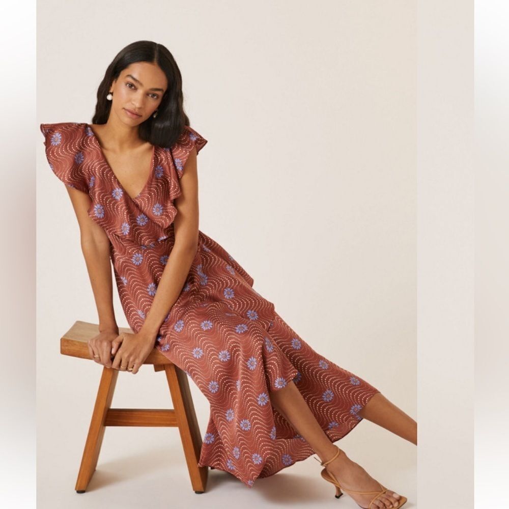 Anthropologie MP Ruffle Sleeve Printed Wrap Maxi Dress Brown Blue Motif Tie